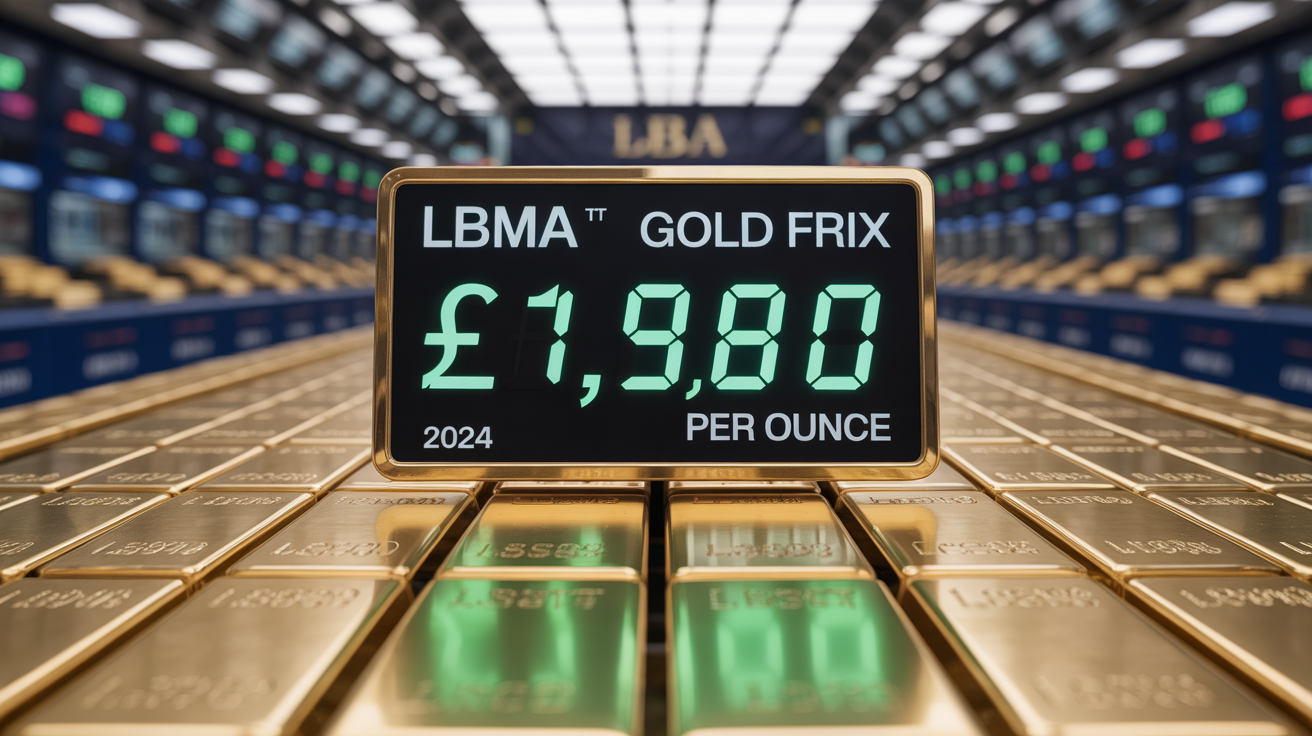 Digital display showing LBMA gold price at £1,980 with London backdrop.