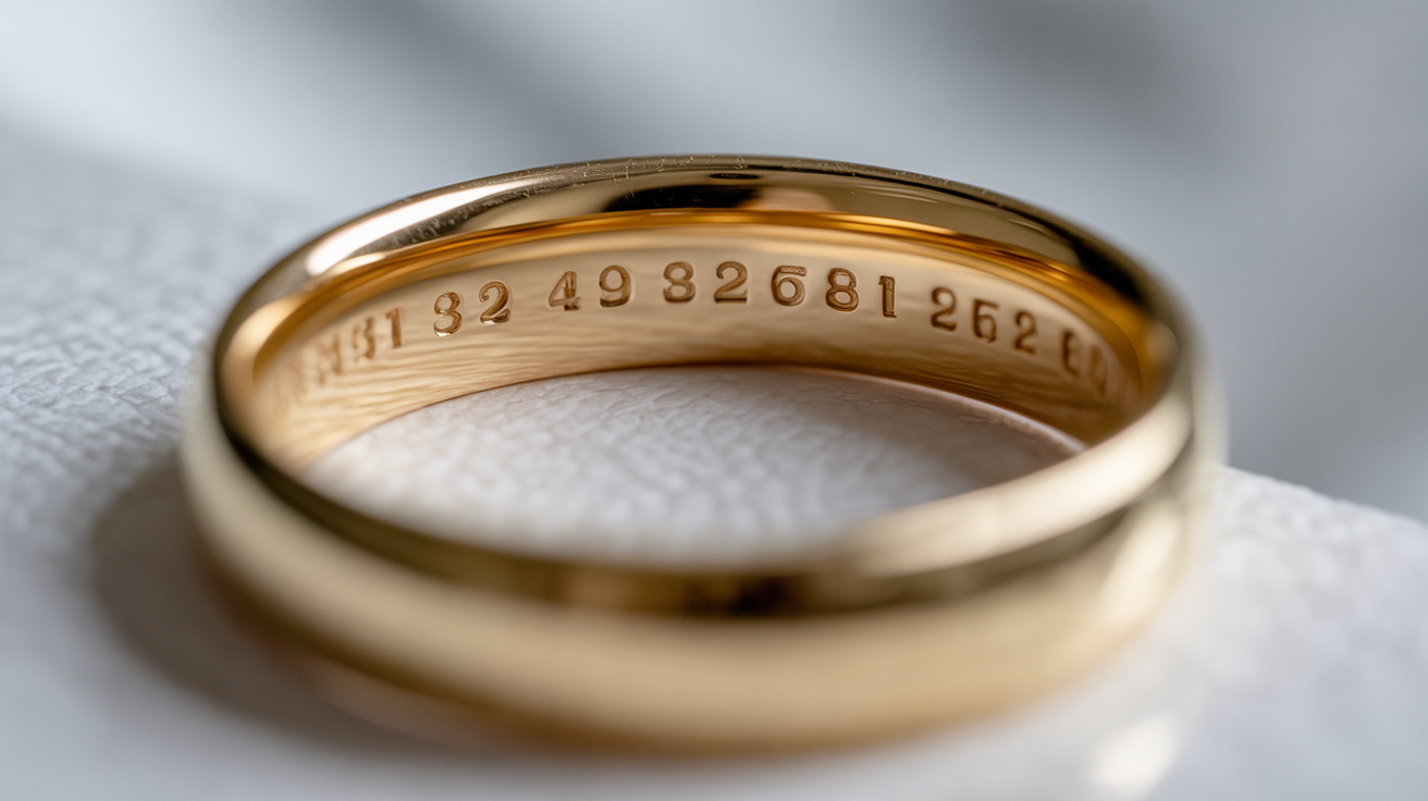 Gold ring with hallmarks on inner band in soft focus.