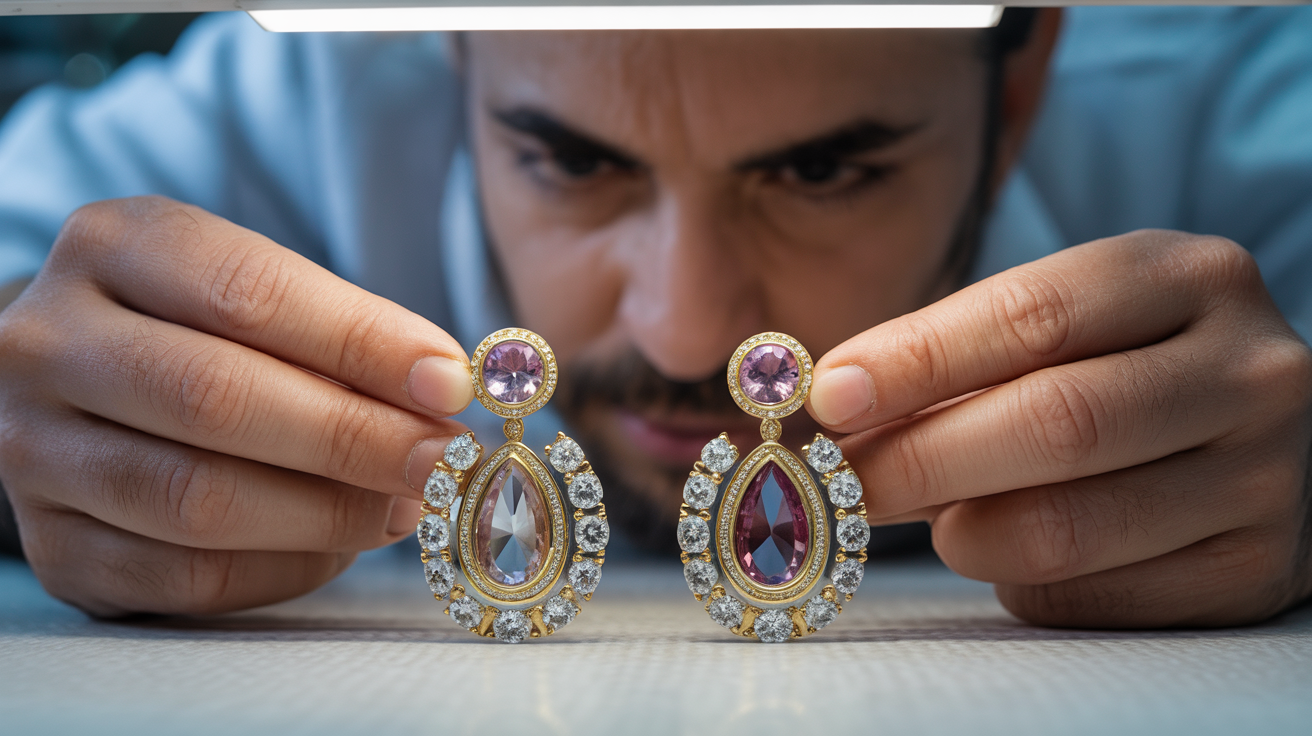 Jeweler evaluating gemstone-set earrings under bright lighting.