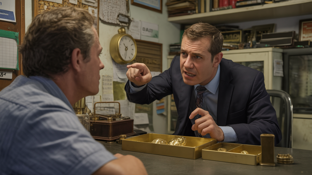 Gold buyer pointing to clock, pressuring customer in cluttered office