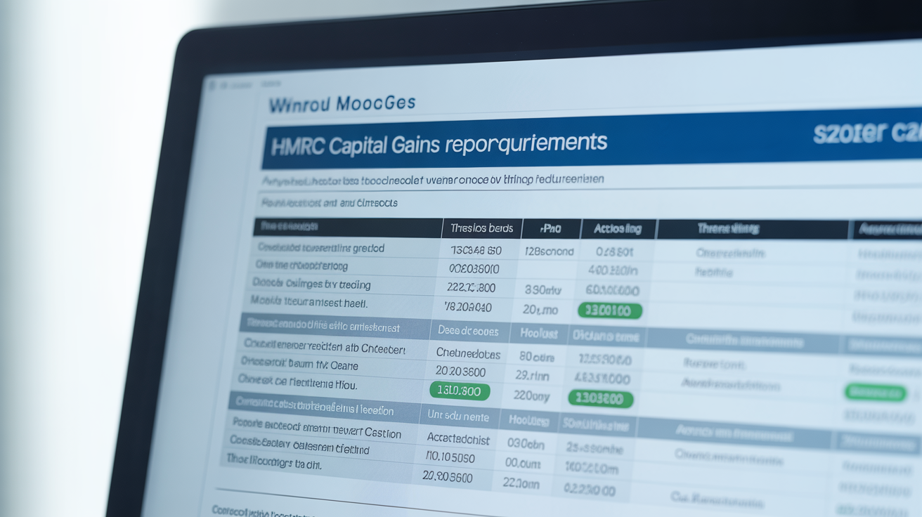 Computer screen showing HMRC capital gains reporting tables