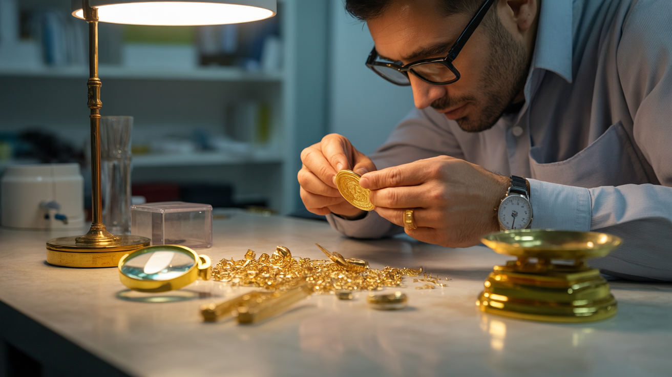 Buyer inspecting and sorting scrap gold items with a scale.
