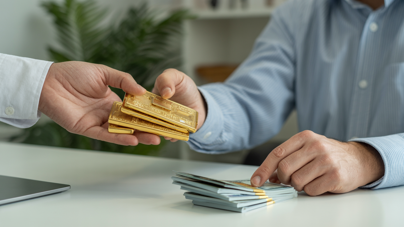 Seller handing gold items to buyer counting cash on a desk.