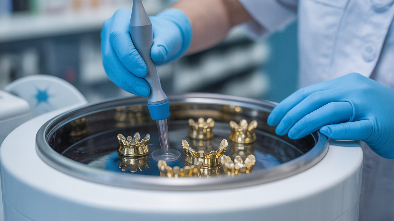 Dental technician cleaning gold pieces in an ultrasonic cleaner.