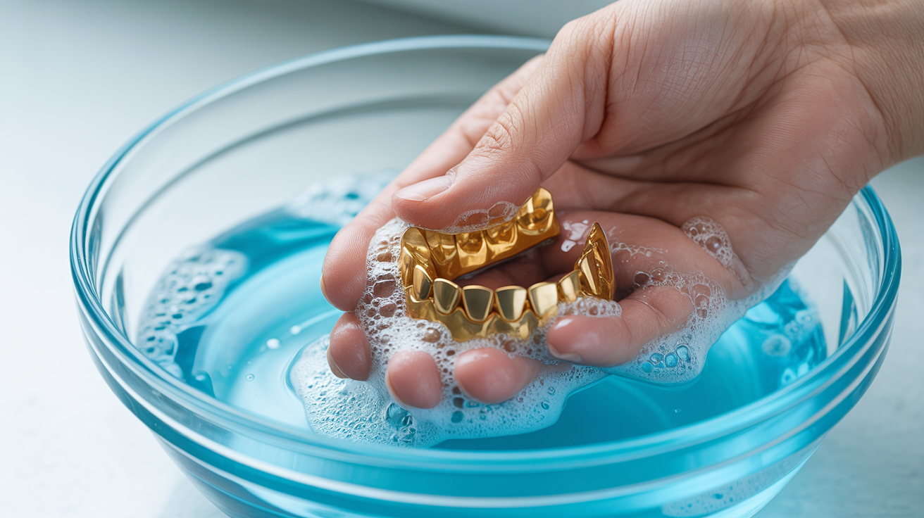 Hand cleaning dental gold pieces in soapy water with visible bubbles.