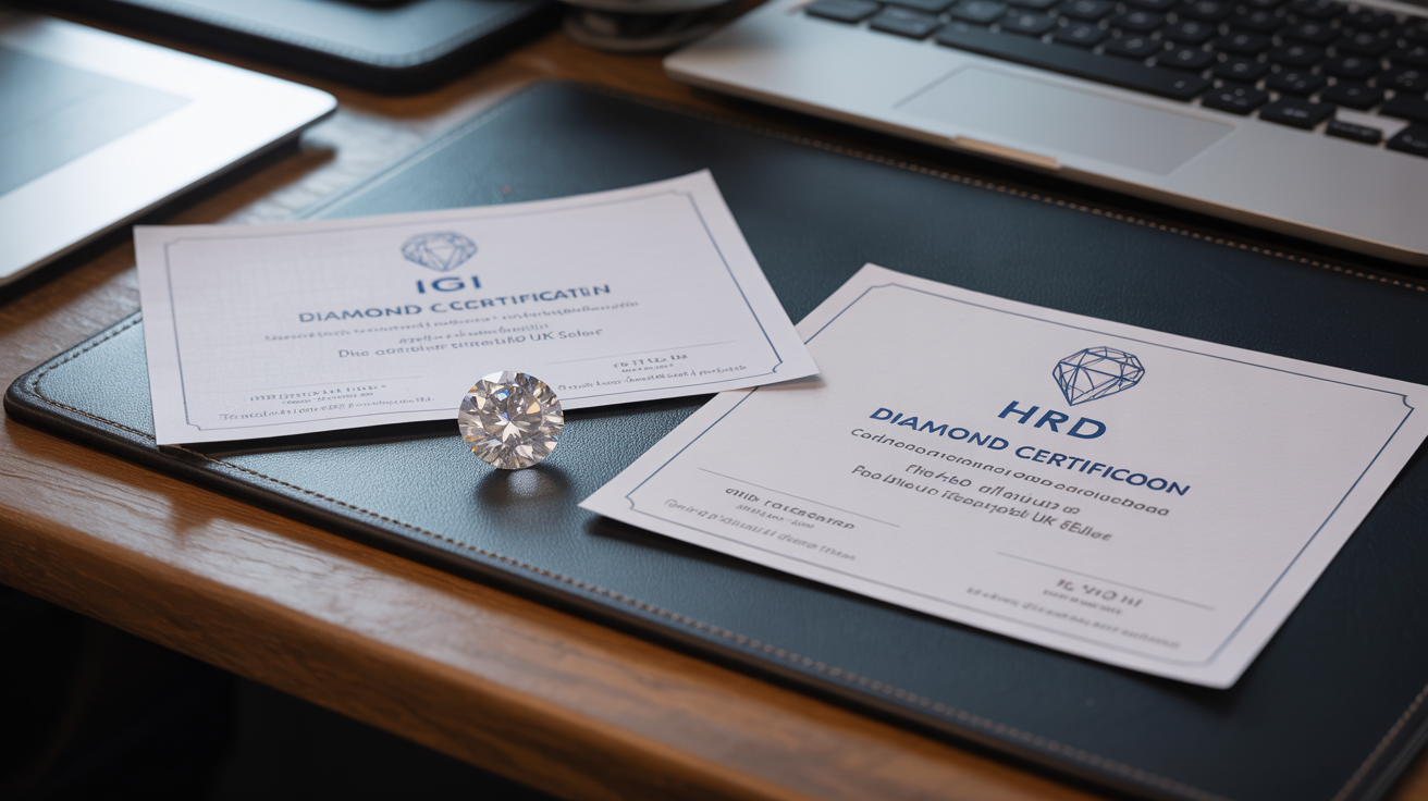 Certificates from IGI and HRD on a desk with small diamonds, showing market access.