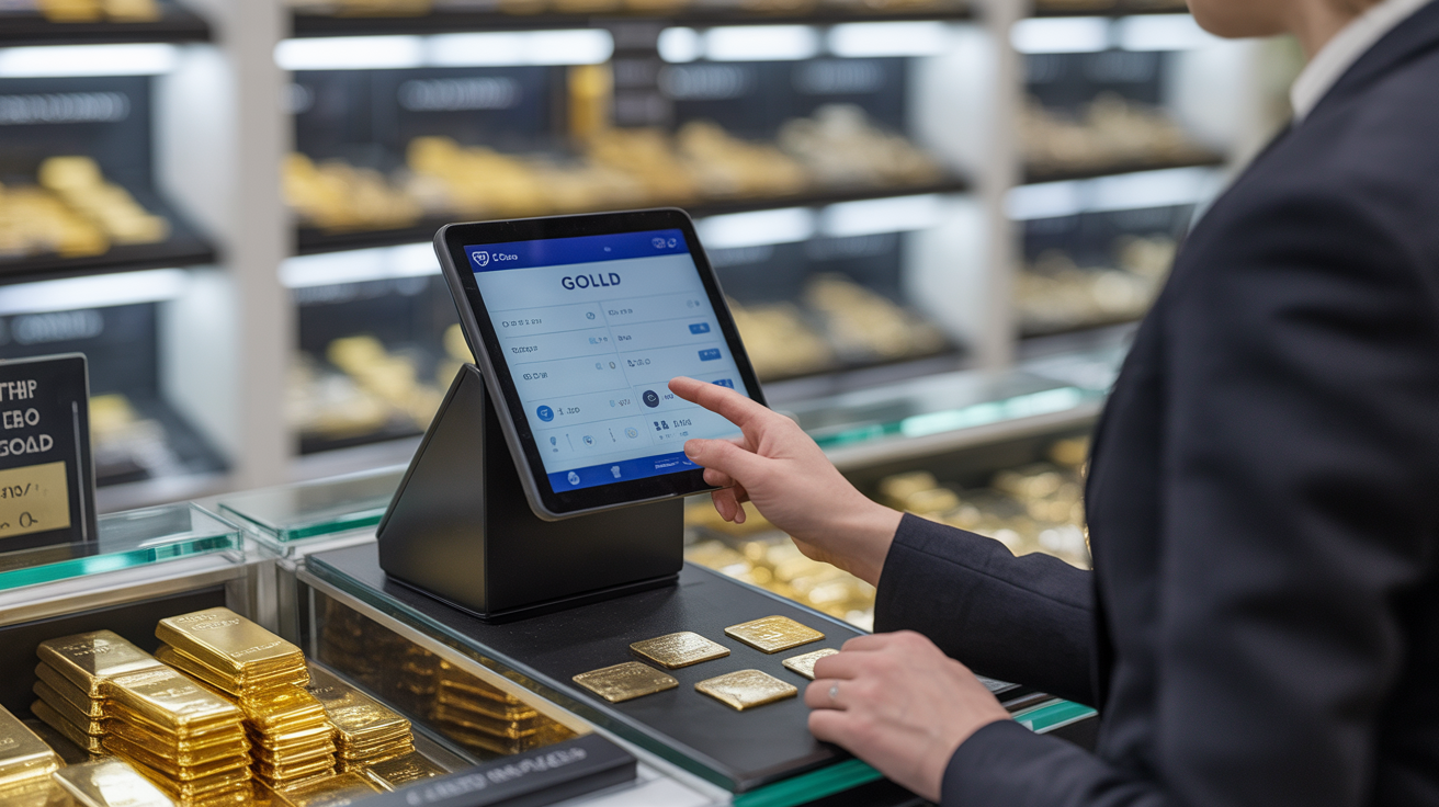 Person processing cashless transaction in a gold shop.