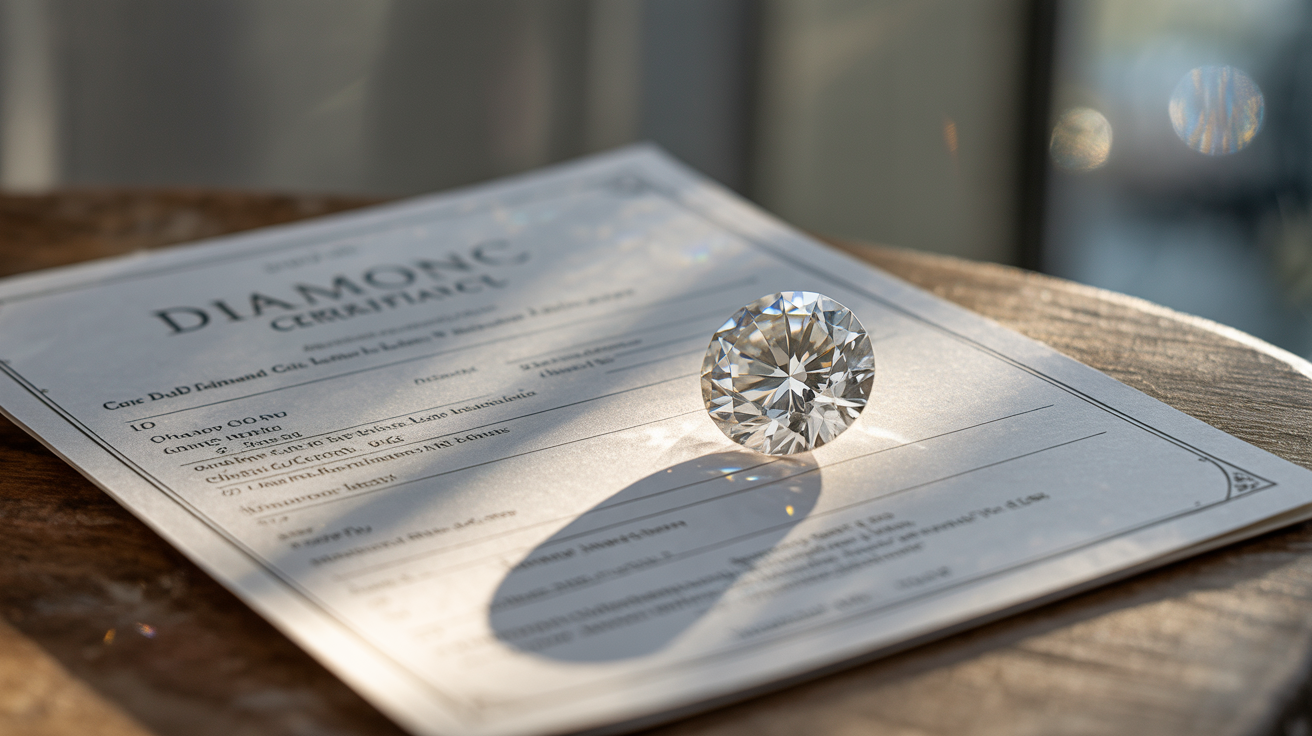 Diamond certificate next to a loose diamond on a table.