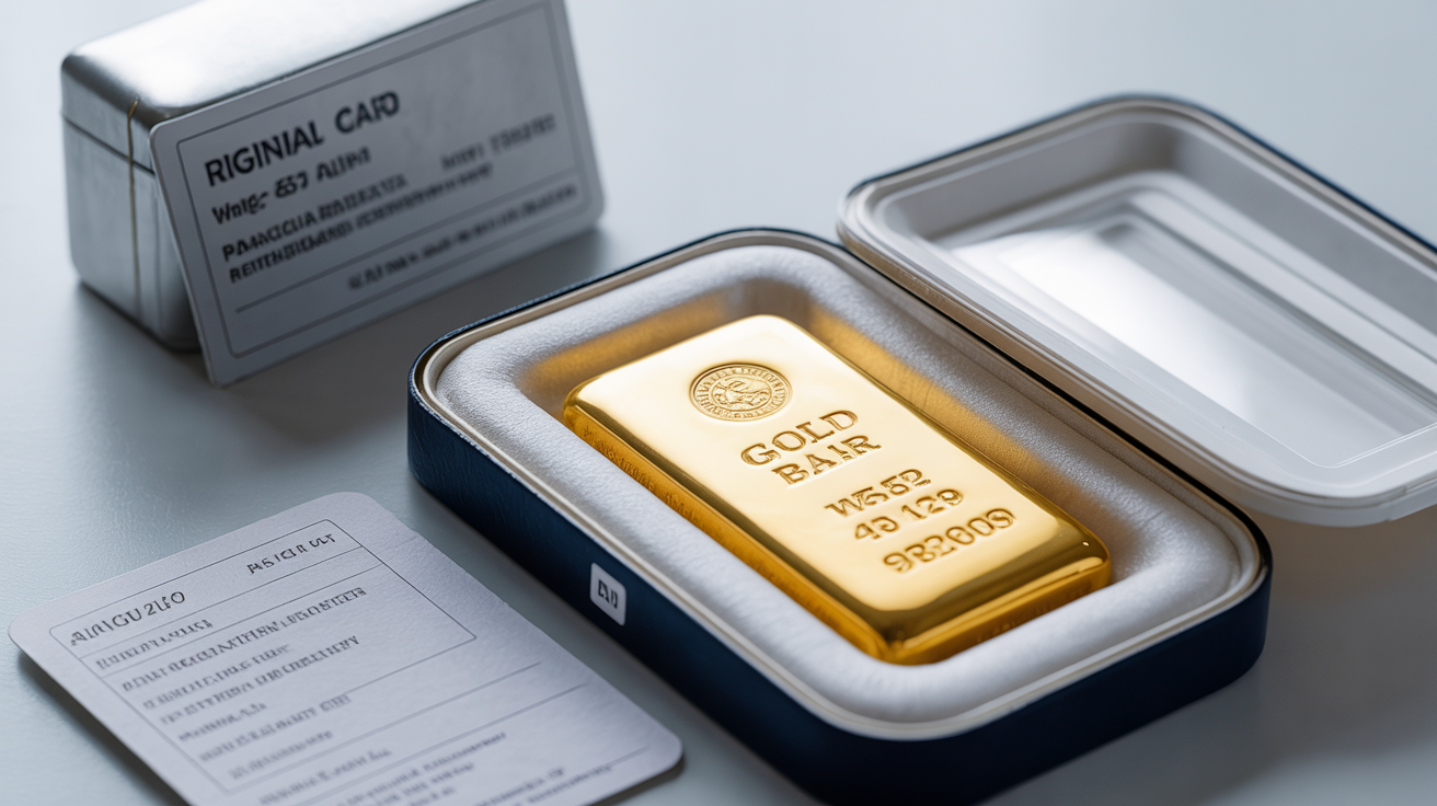 Gold bar in original packaging with visible assay card and details.