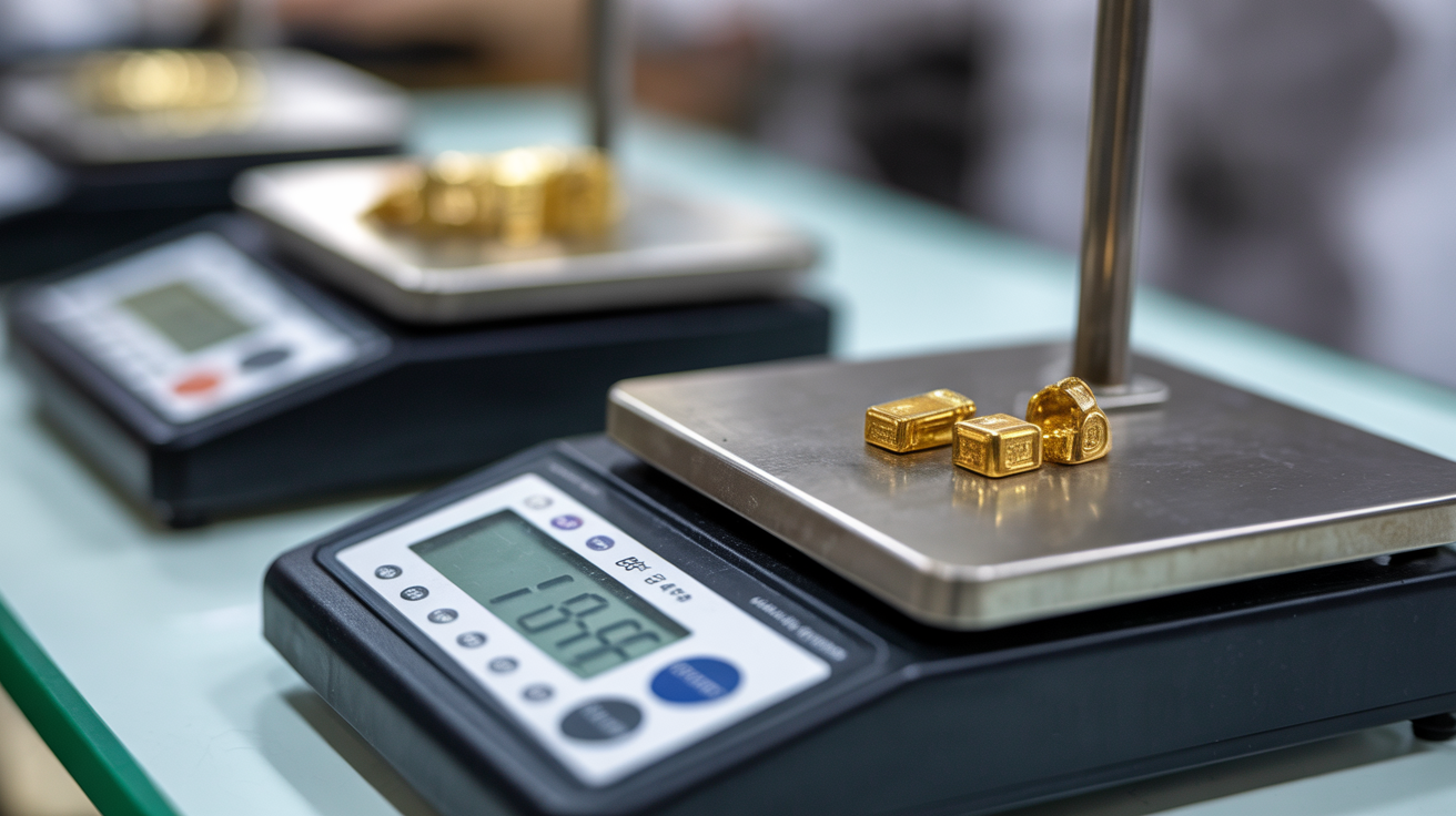Digital jewelry scales weighing gold pieces on a clean surface.