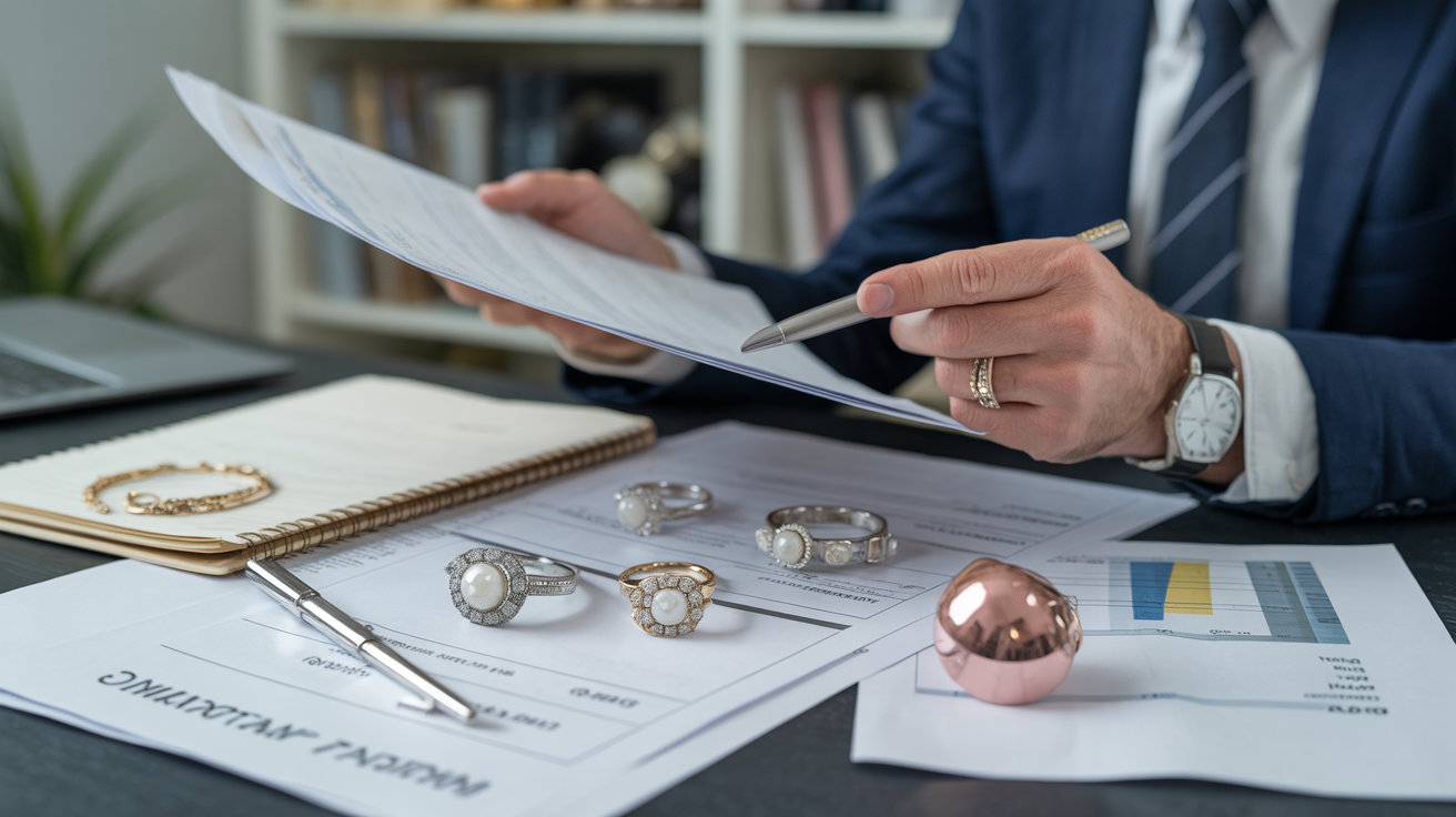 Executor comparing jewellery valuations with tax documents in office.