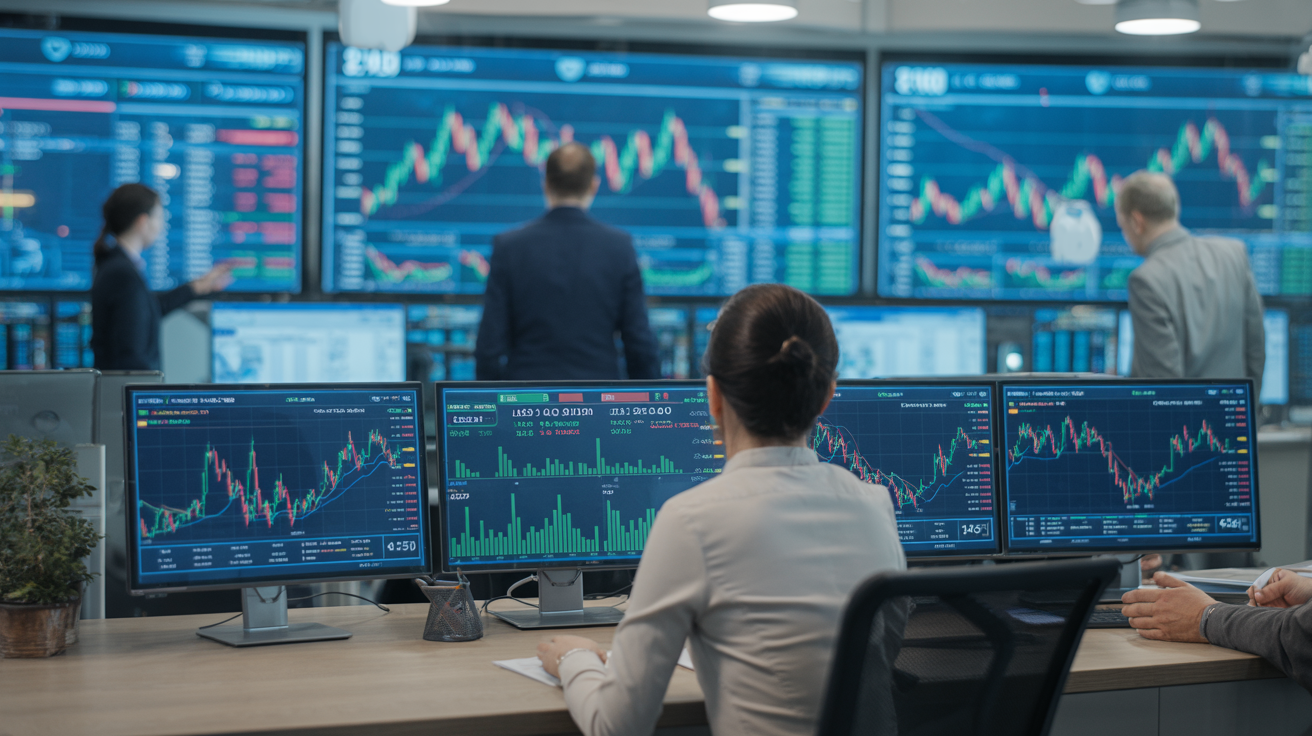 Traders analyzing real-time gold data on screens compared to historical trends.