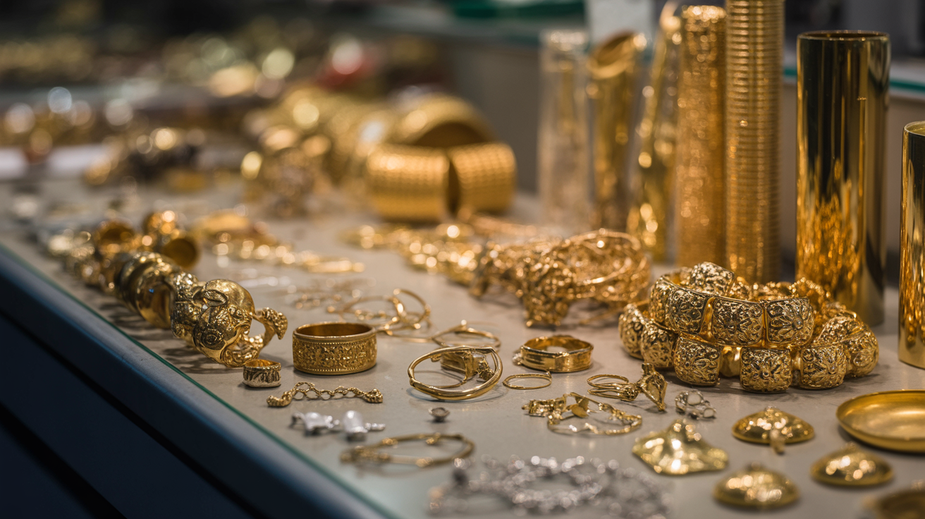 Scrap gold items sorted on a counter under bright lighting.