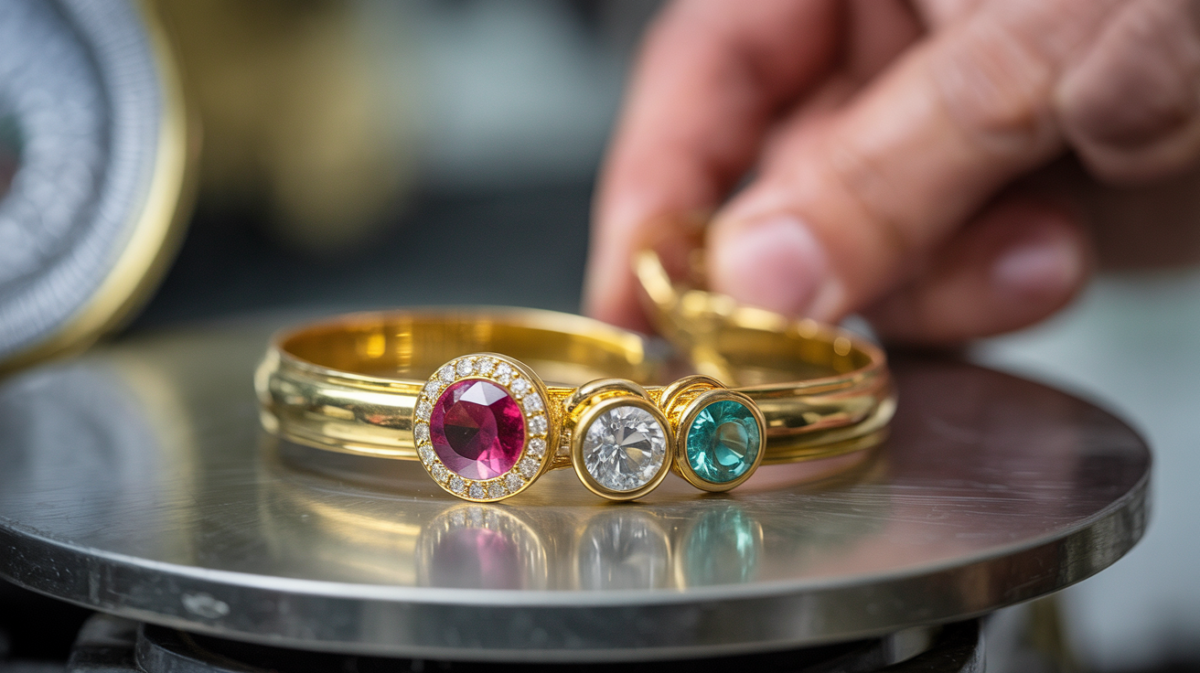 Gold jewelry with stones being weighed on scale.