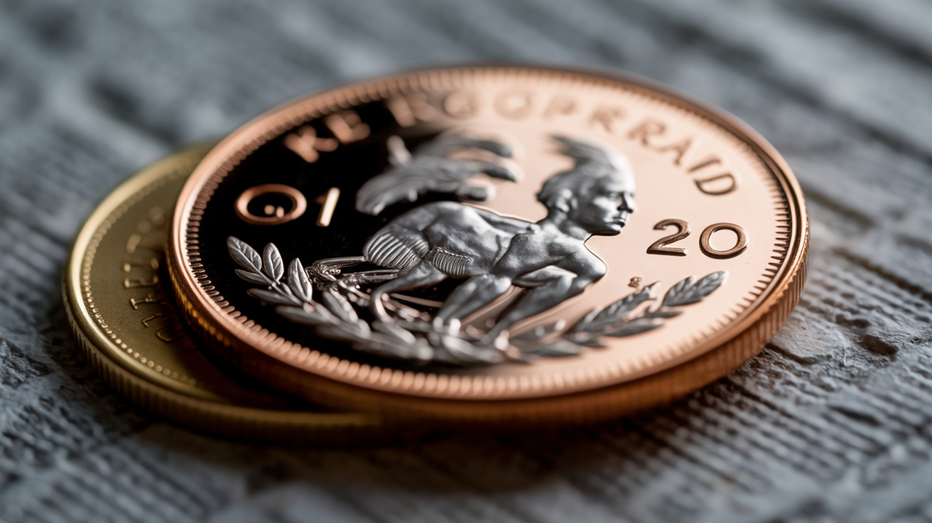 Gold Krugerrand and British coin side by side, showing metal differences.
