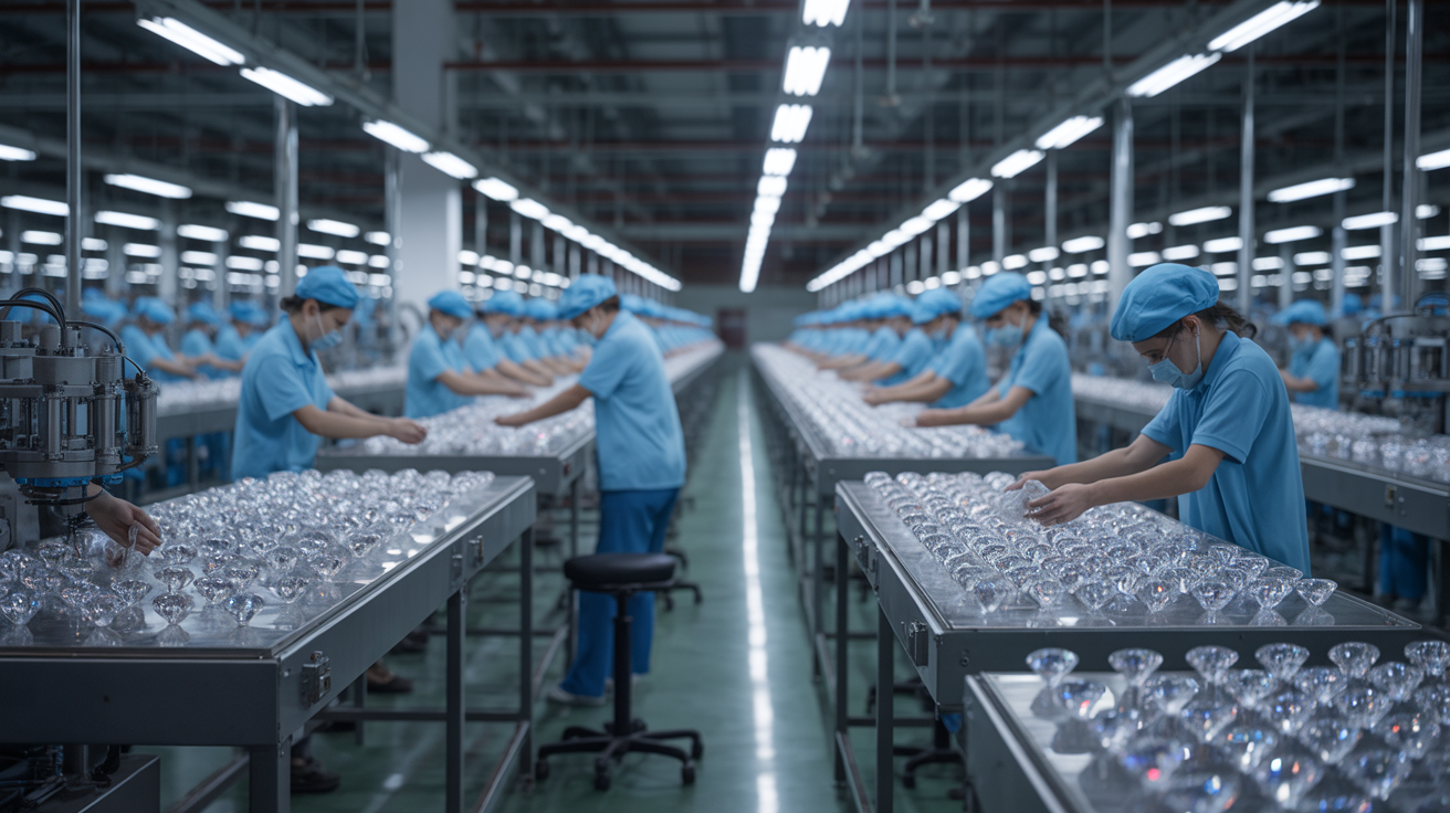 Factory floor producing lab-grown diamonds, showcasing efficiency.