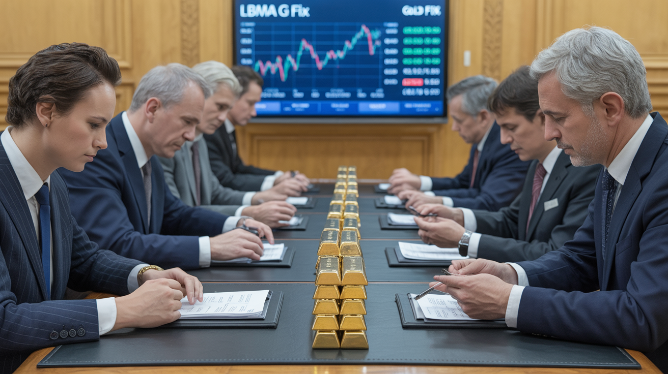 Business professionals in meeting room with documents showing gold prices.