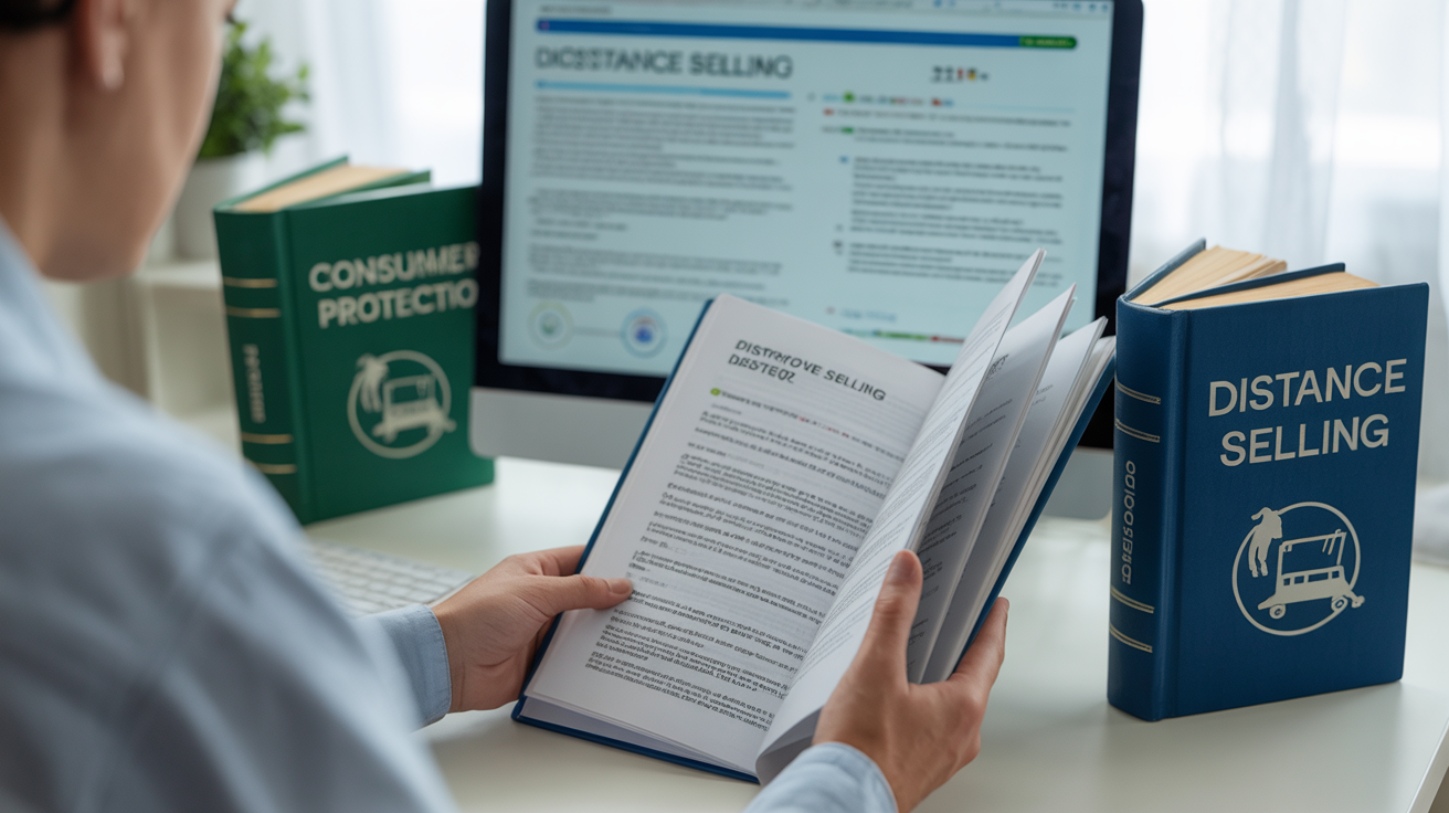 Person reading Distance Selling Regulations documents at home with calm setup and clear lighting.