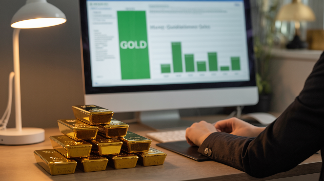 Person viewing HMRC guidelines on gold sales with gold bars on table