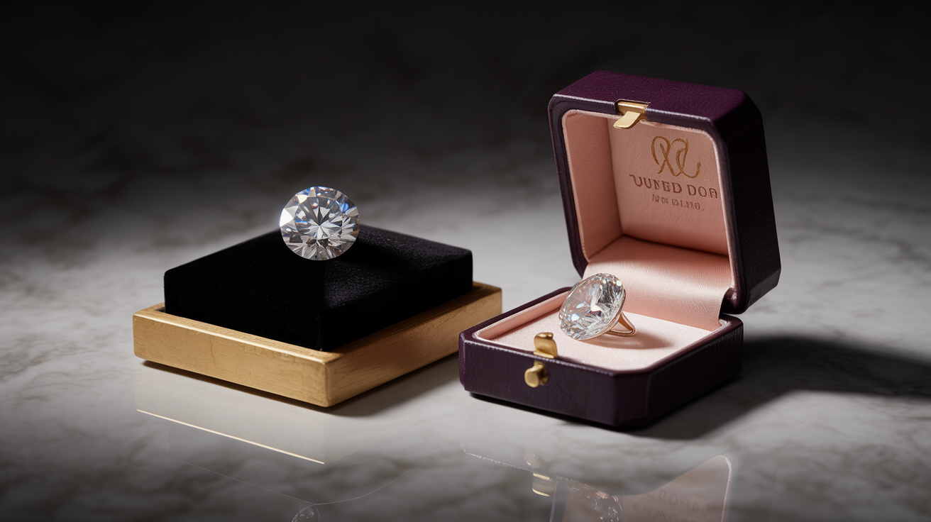 Loose diamond on a tray and mounted diamond in a box contrasted.