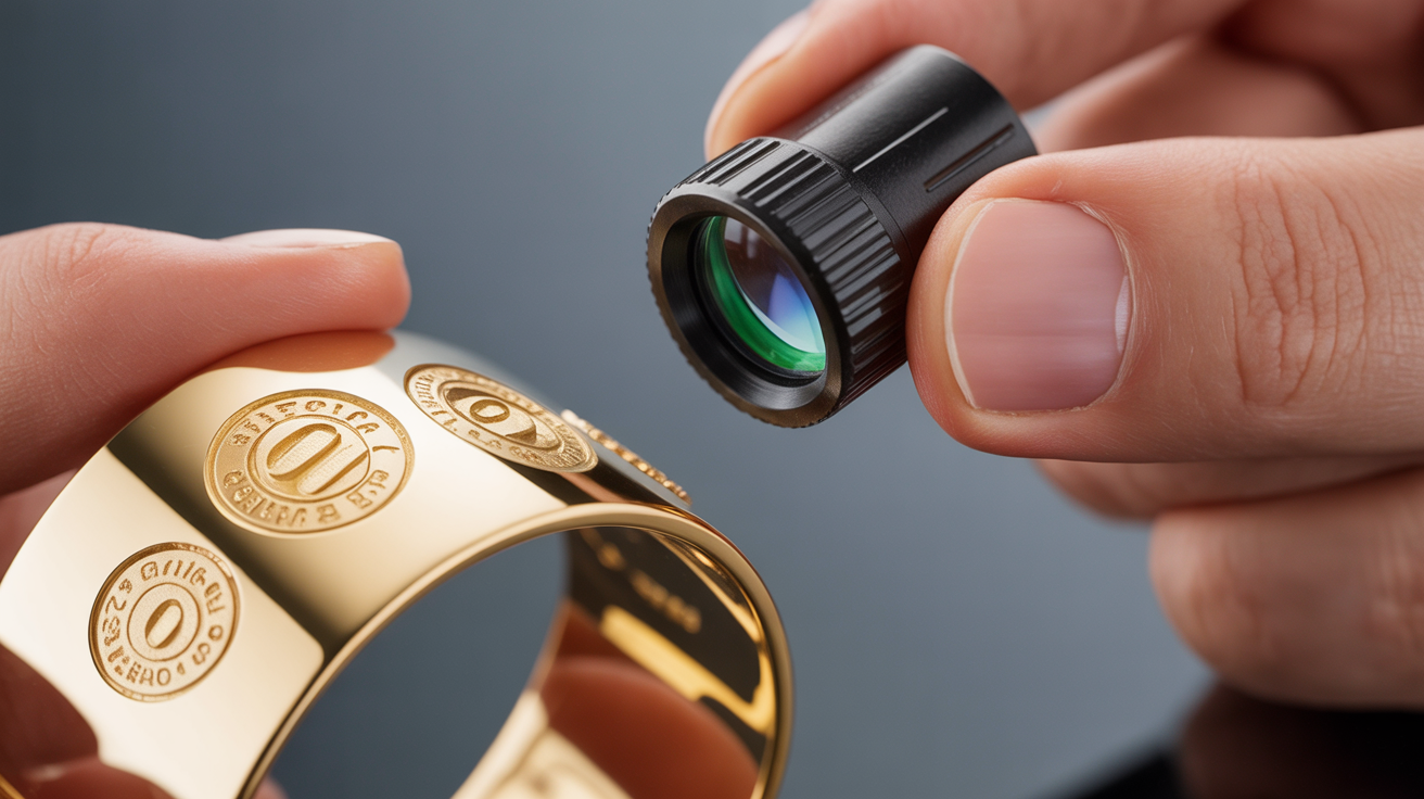 Jeweler's loupe examining detailed gold jewelry hallmarks.
