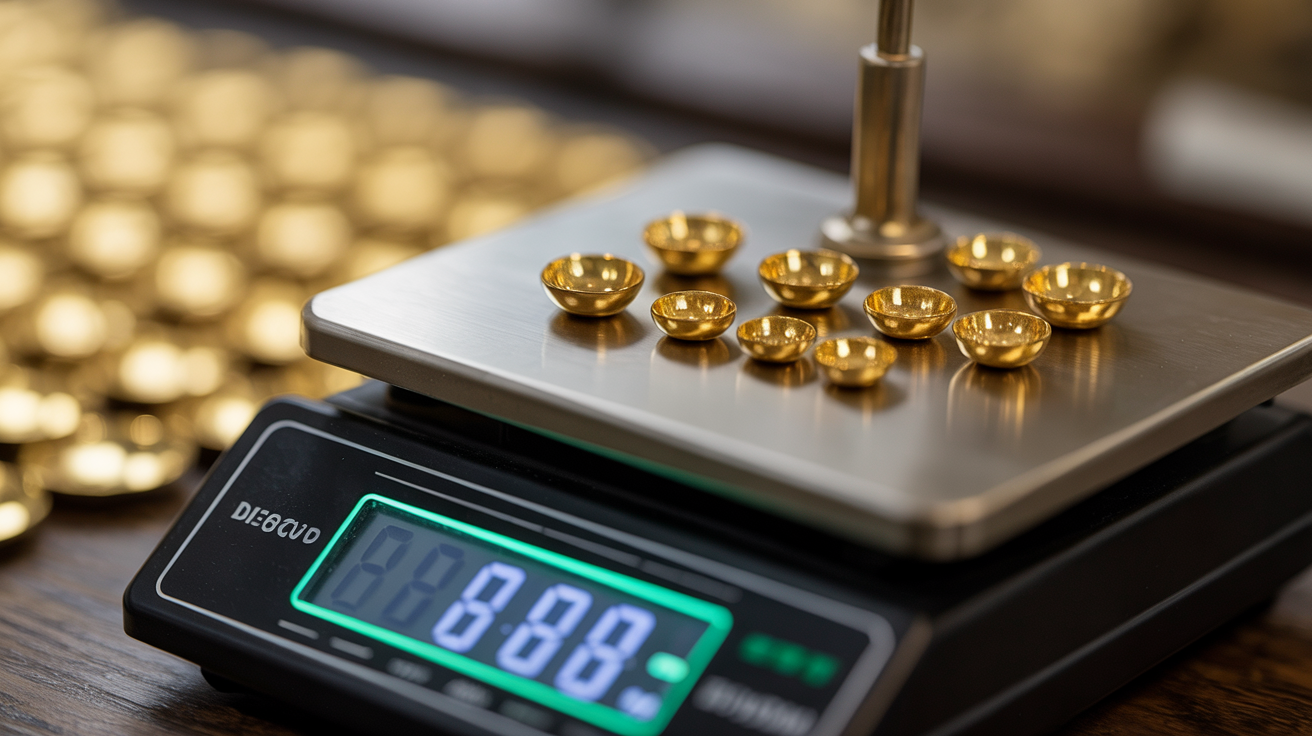 Scale measuring small gold items, showing minimum weight requirements.