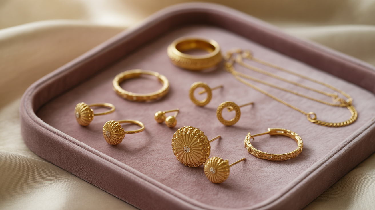 Exempt gold jewelry pieces on a tray with soft lighting.