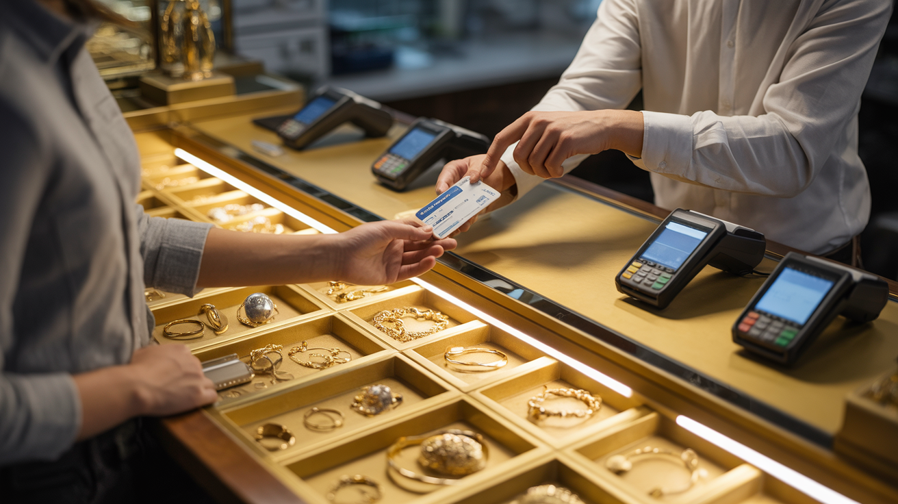 Gold buyer verifying ID with gold jewelry and payment devices
