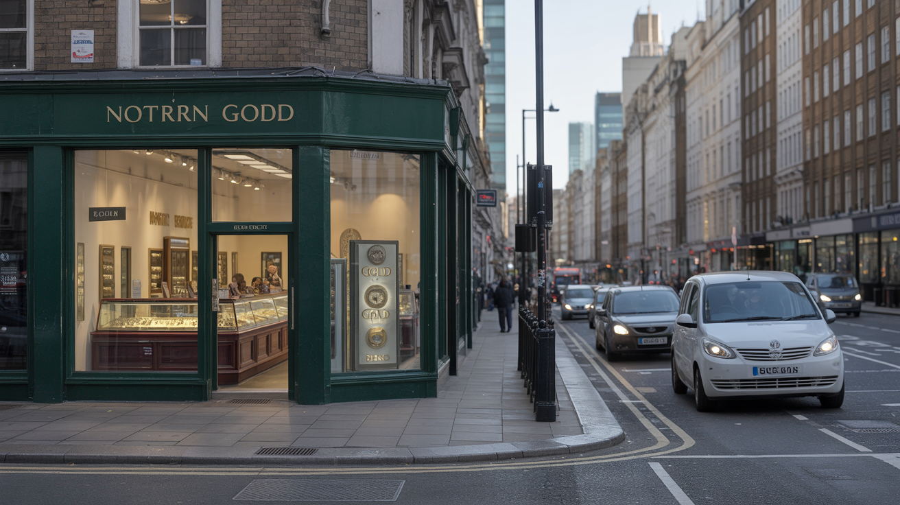 Northern gold dealer shop entrance with London street traffic.