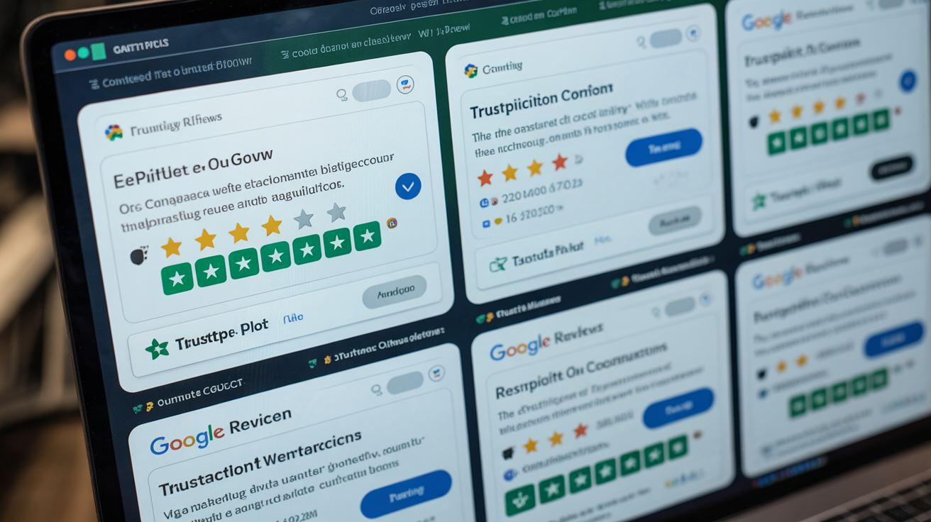 Review platforms on monitor showing badges and descriptions.