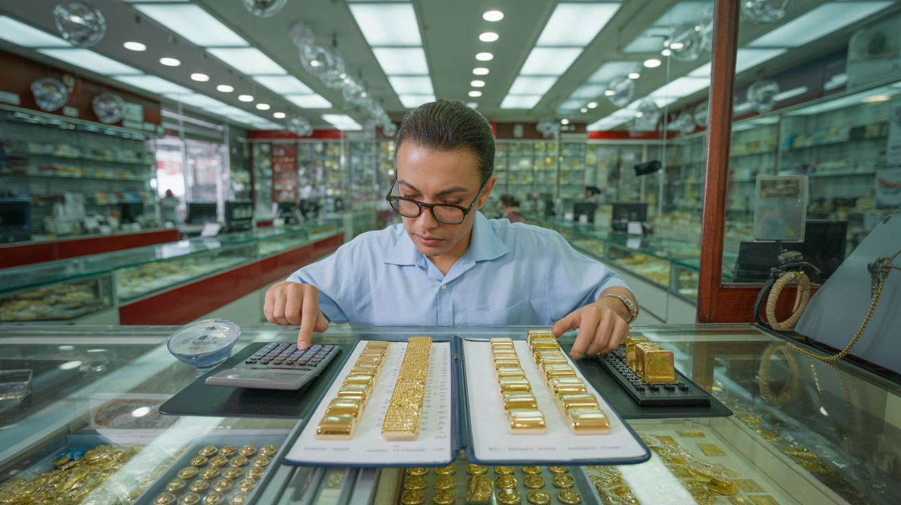 Pawnshop staff calculating gold prices at a counter with security and displays.