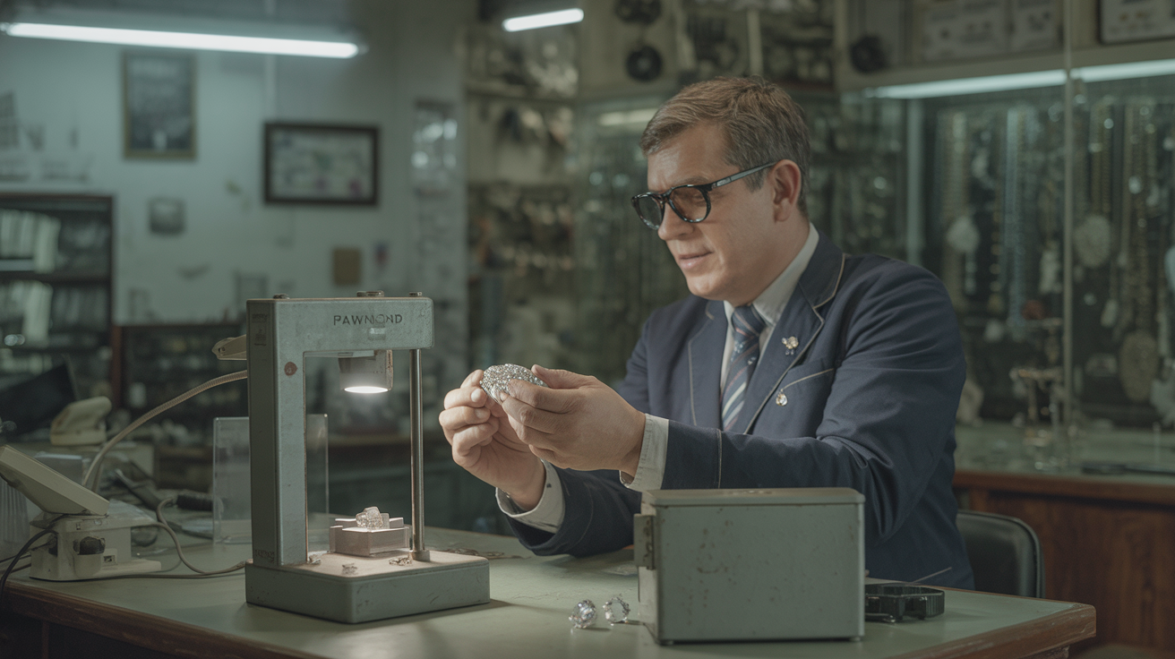 Pawnshop clerk evaluating diamond with basic equipment.