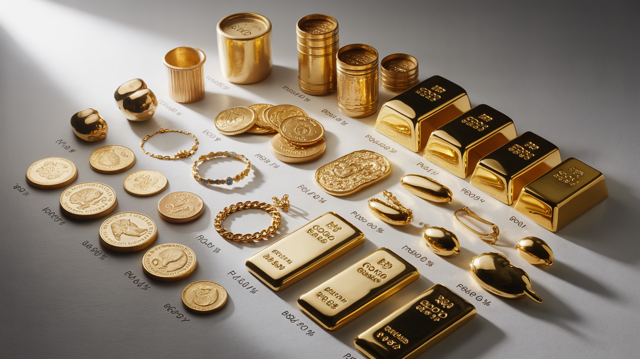 Different gold items on a table, labeled by type and purity.