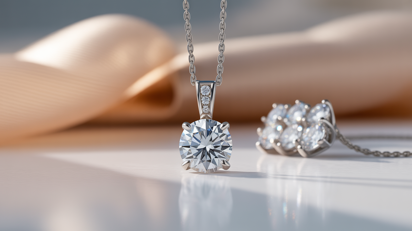 Solitaire diamond pendant contrasted with multi-stone pendant on elegant background.