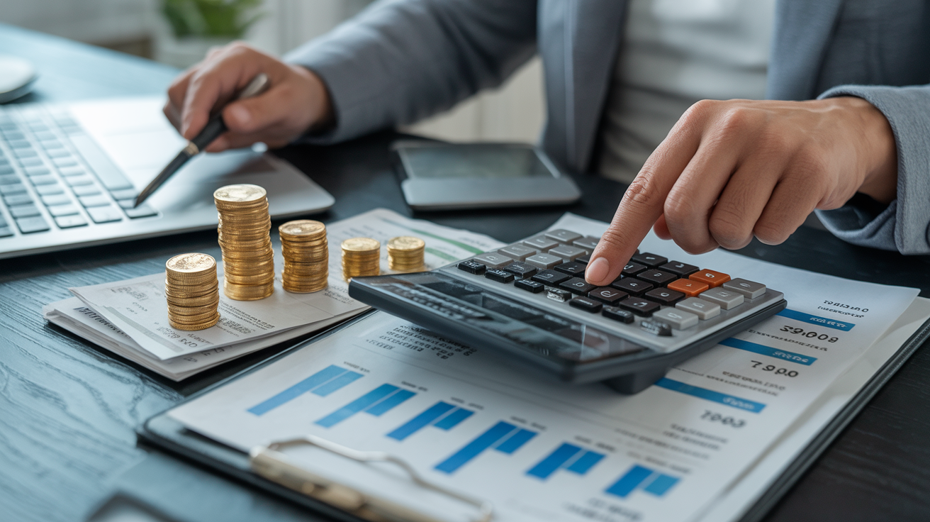 Person calculating finances at desk with bills and documents.