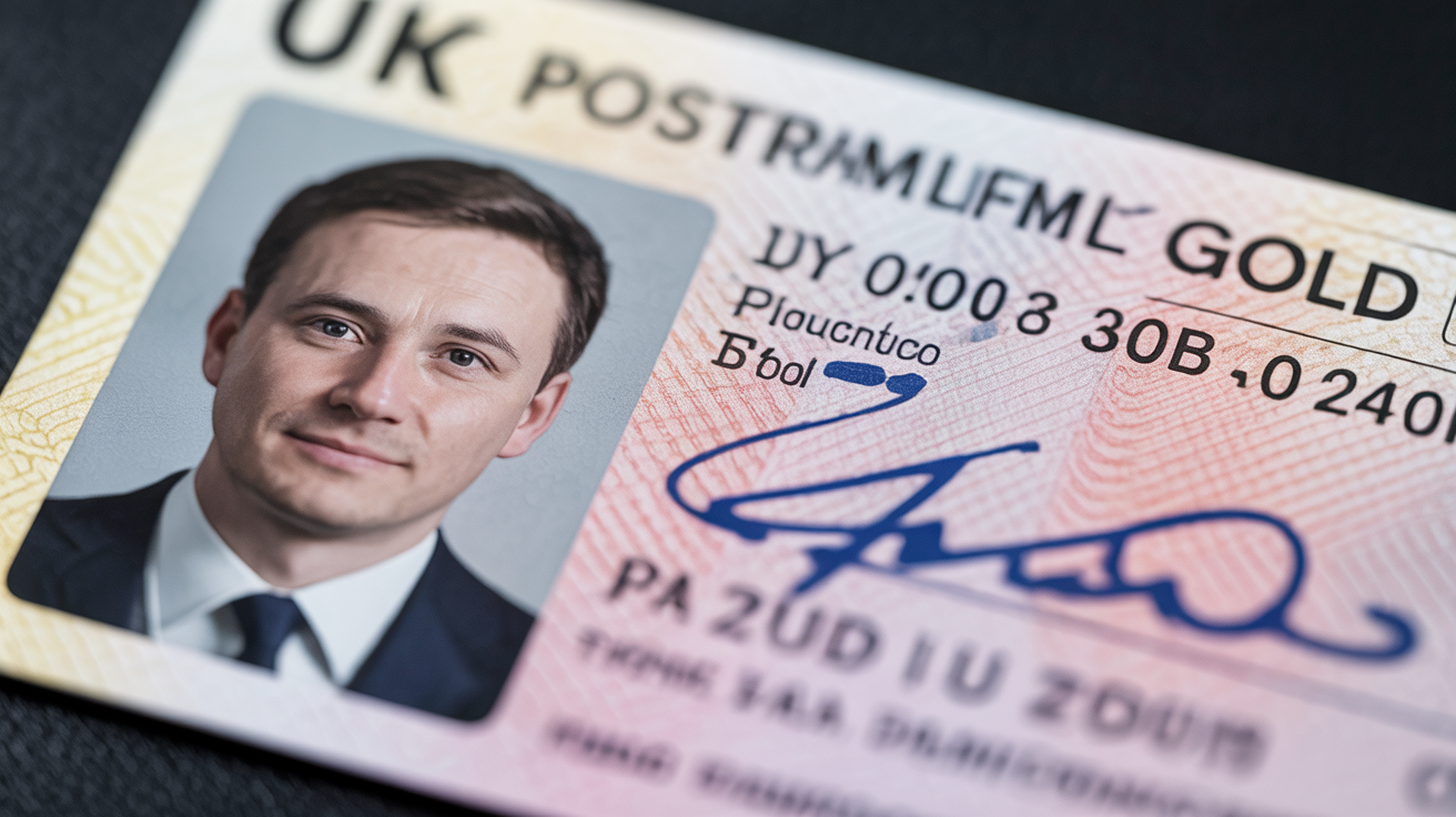 Close-up of UK government-issued photo ID with photo and signature.