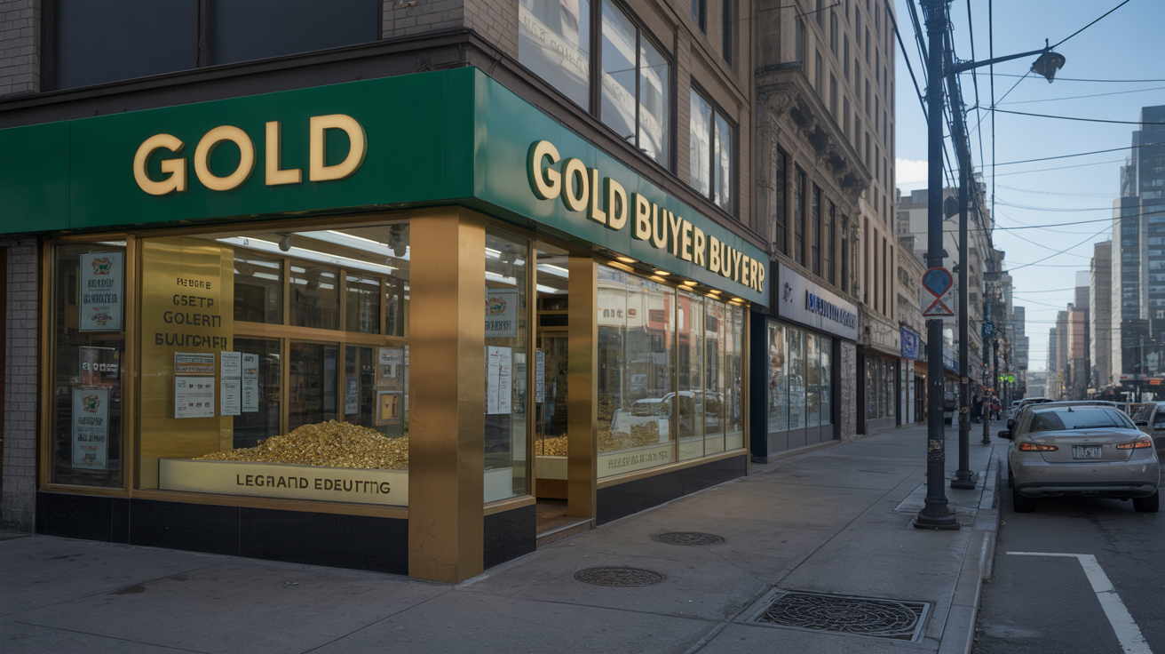 Street-level view of gold buyer's storefront with signage.