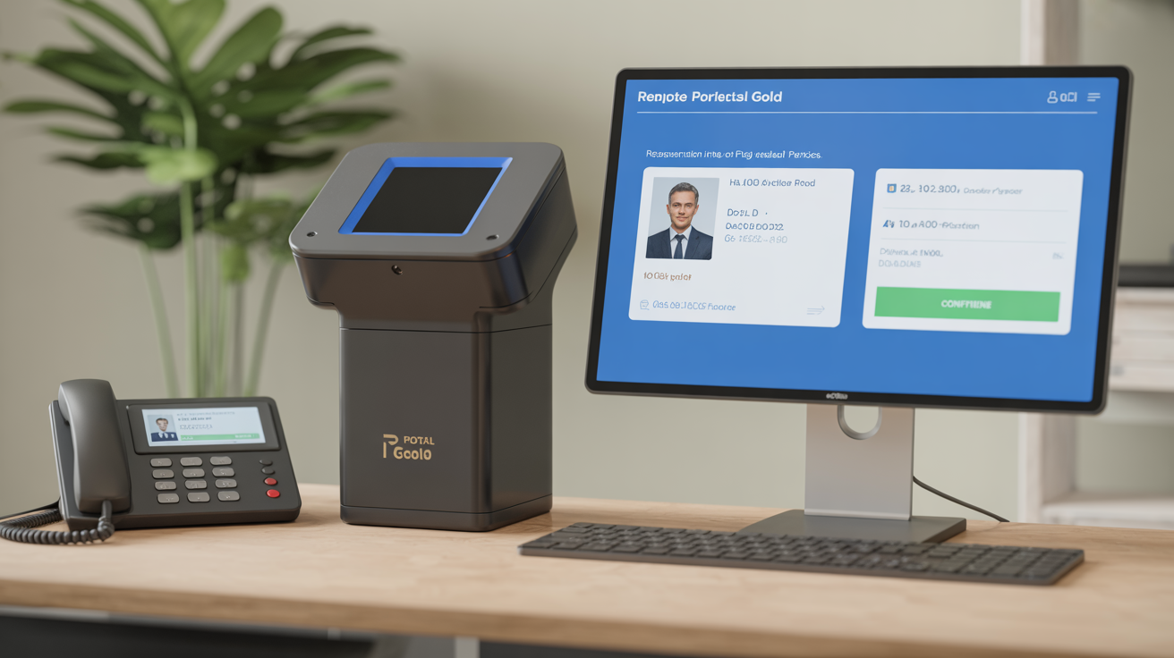 Digital scanner with photo ID and address proof, screen showing confirmation.