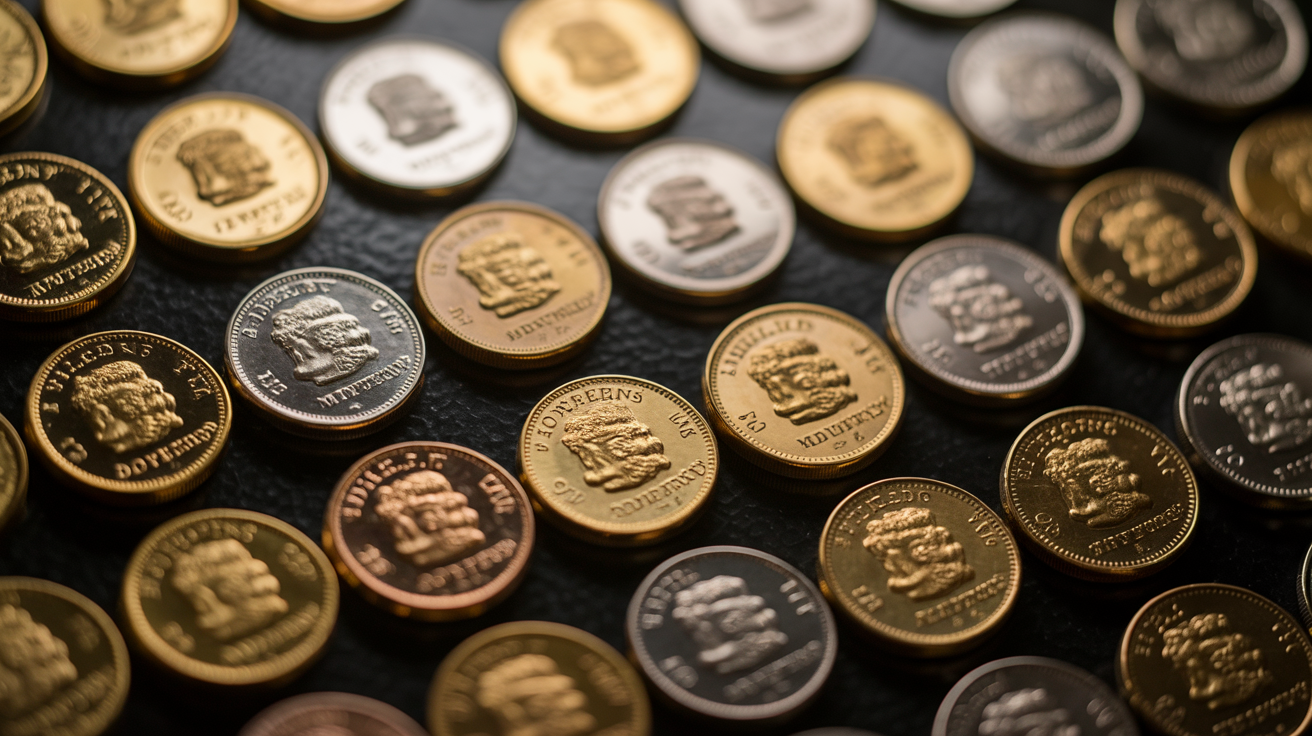 Collection of rare gold sovereign coins with mint marks and labels.