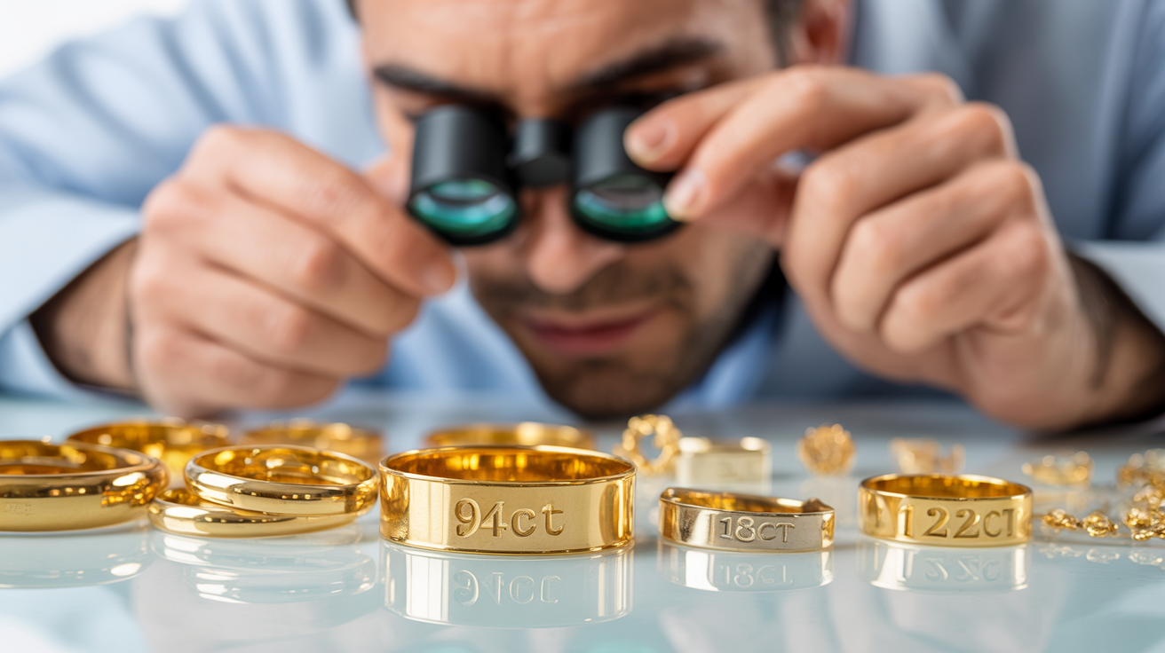 Jewellery appraiser examining gold with loupe, showing karat marks.
