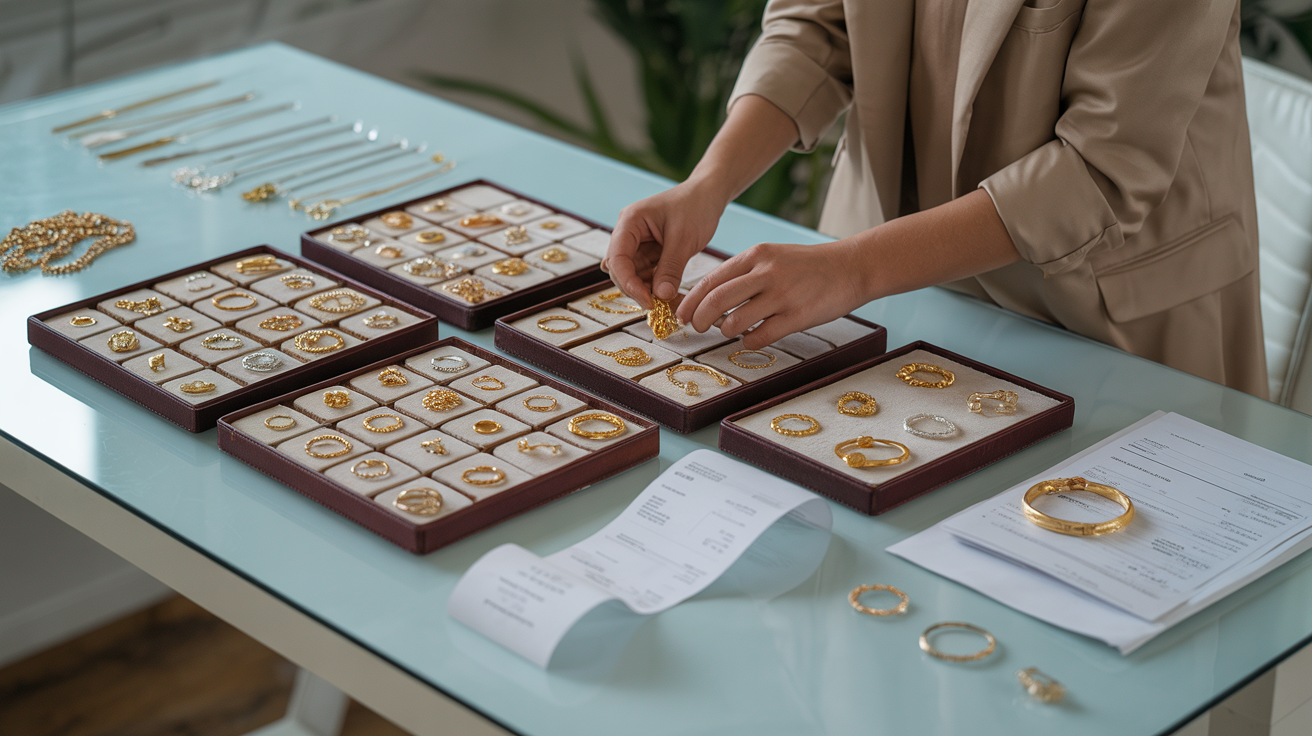 Seller organizing gold jewellery with documentation.