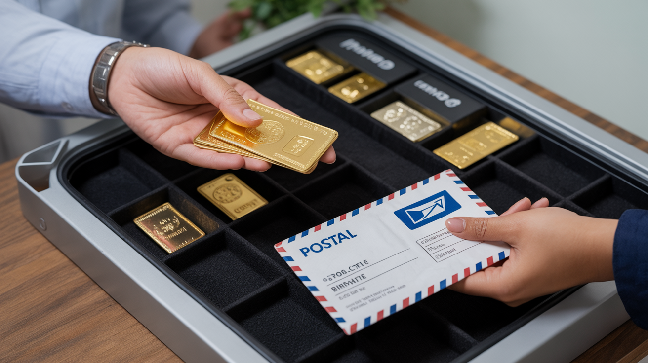 Customer receiving cash for gold, postal package nearby.