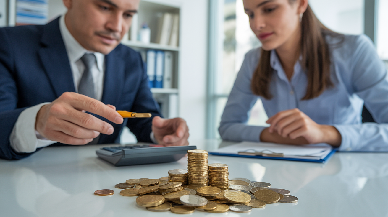 Buyer and seller negotiating over gold coins in office setting.