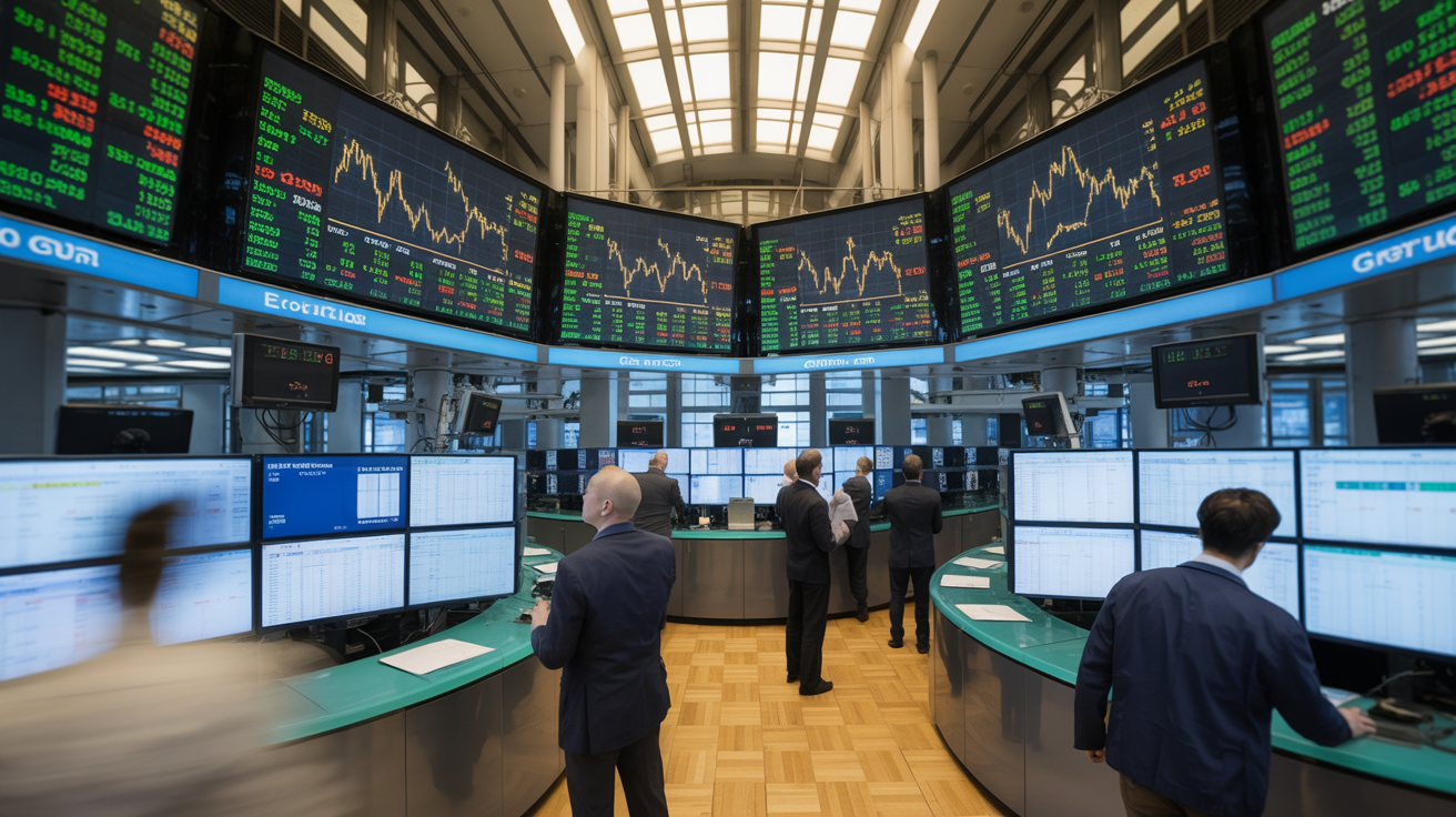 Traders on financial floor watching fluctuating gold prices on screens.