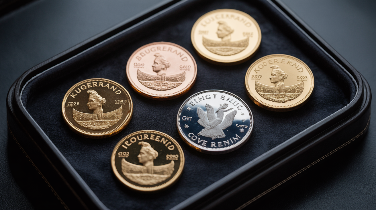 Krugerrand, Britannia, Sovereign coins displayed on velvet, showing different designs.