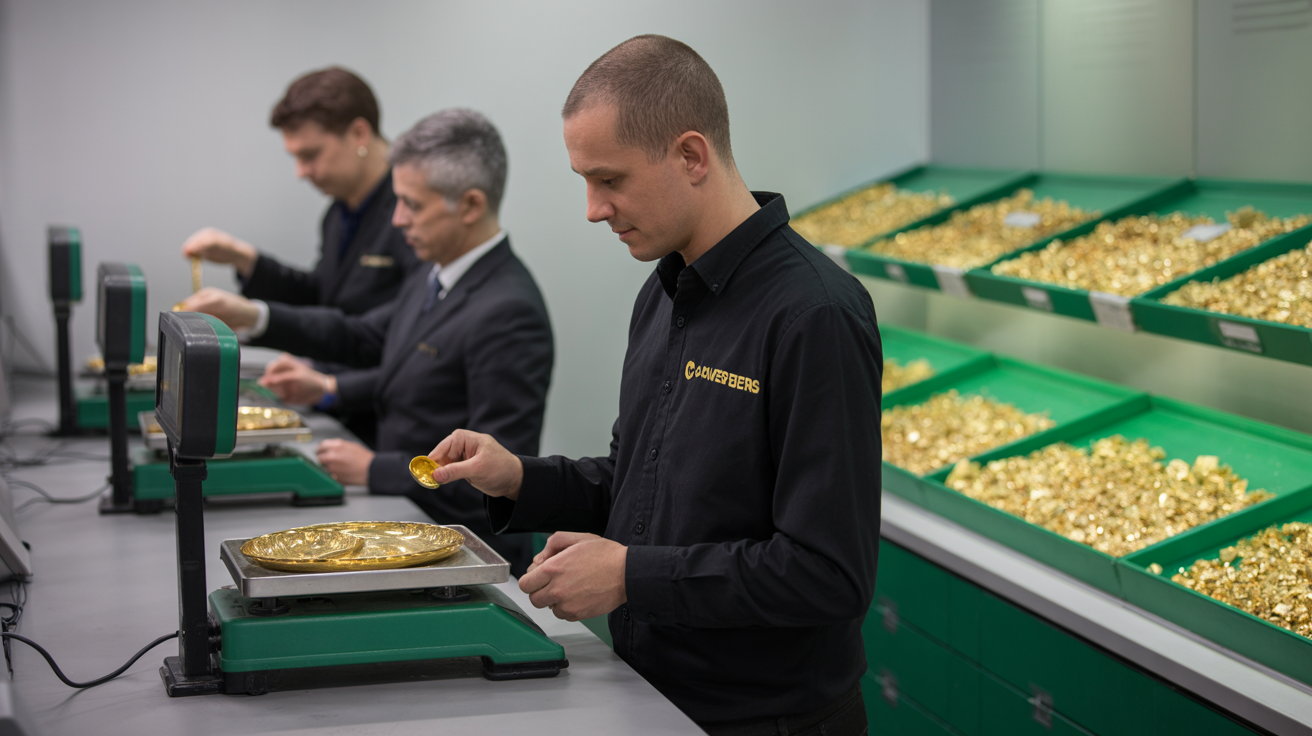Employees weighing gold with electronic scales.