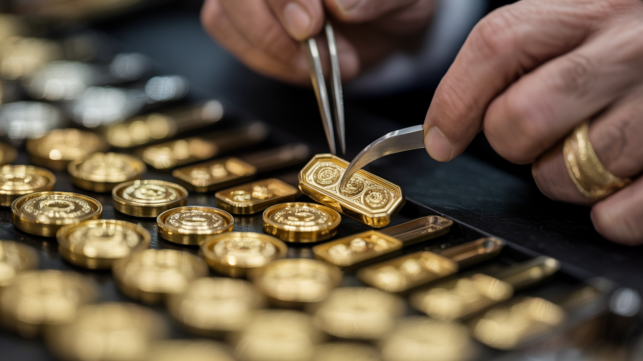 Gold items being sorted and assessed by a jeweler, hallmarks visible.