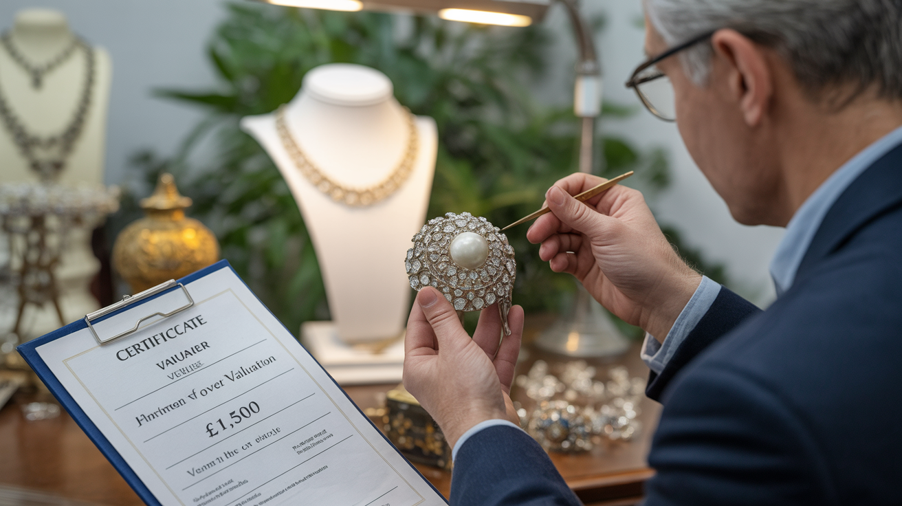 Appraiser evaluating jewellery with valuation certificate visible.