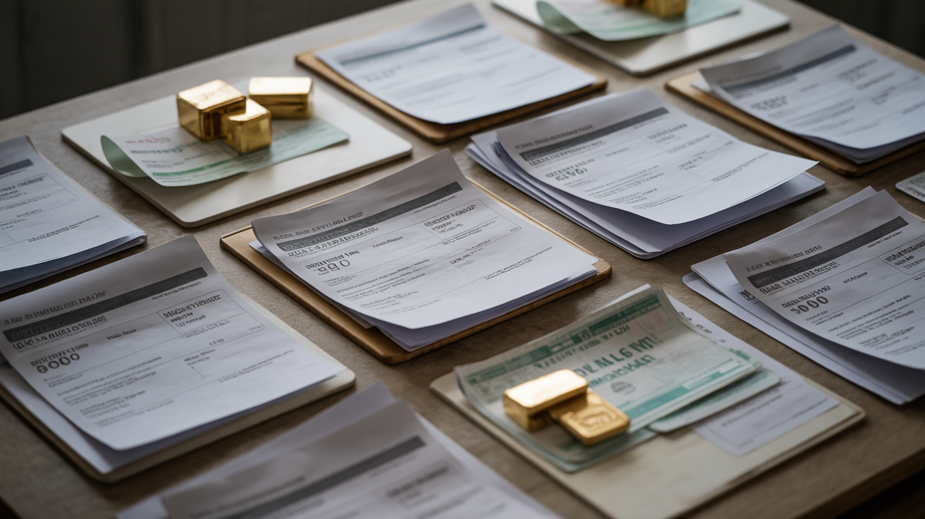 Utility bills and bank statements on a table as proof of address.