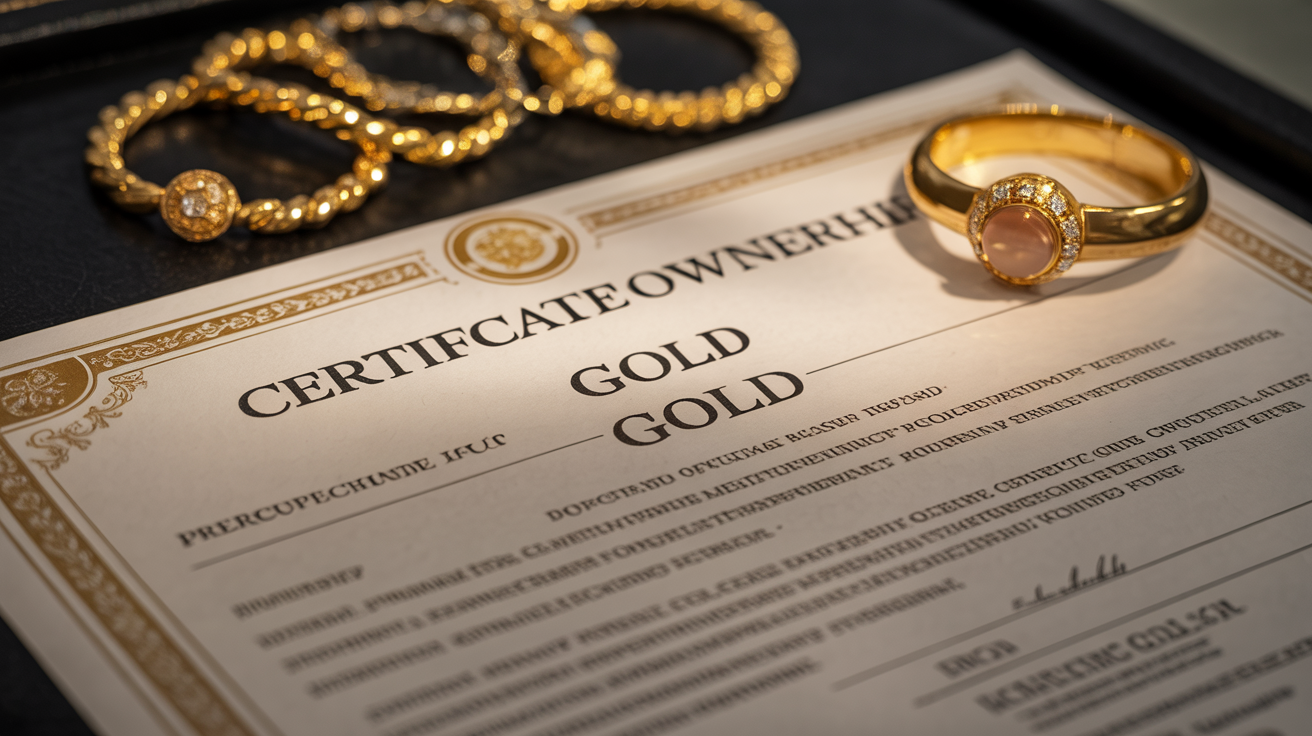 Certificate of ownership with gold jewelry, highlighting legal acquisition.